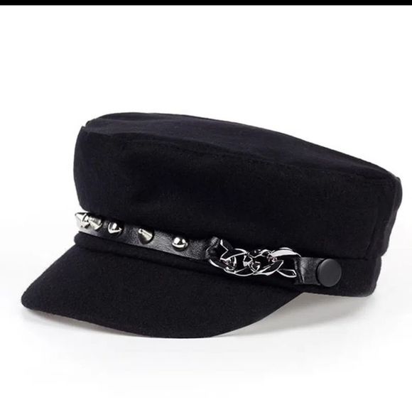 Black silver studded chain biker/military botique style hat new - Picture 1 of 8